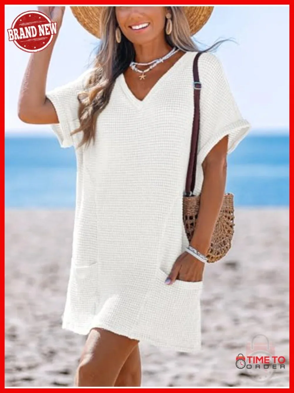 Waffle Knit V Neck Short Sleeve Beach Coverup Dress with Pockets